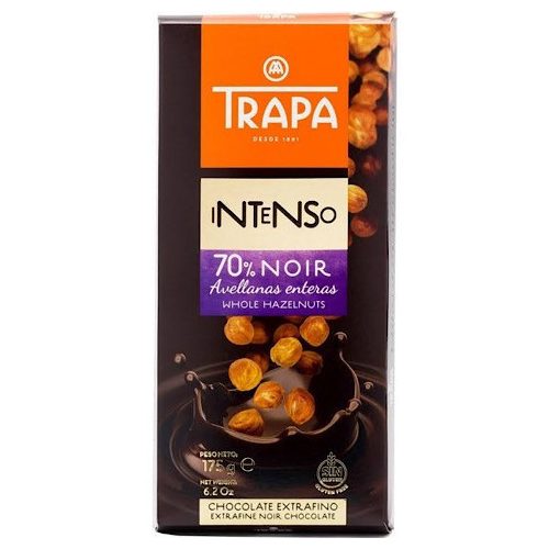 Trapa Intenso, tabliczka ciemnej czekolady z całymi orzechami laskowymi, 70% kakao (avellana), 175g