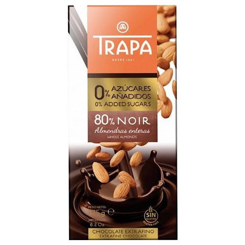 Trapa Intenso, tabliczka ciemnej czekolady z całymi migdałami, 80% kakao, bez dodatku cukru (noir almendra), 175g