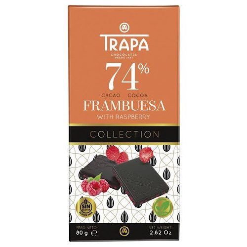 Trapa Collection, tabliczka gorzkiej czekolady z malinami, 74%, bezglutenowa, wegańska, 80g