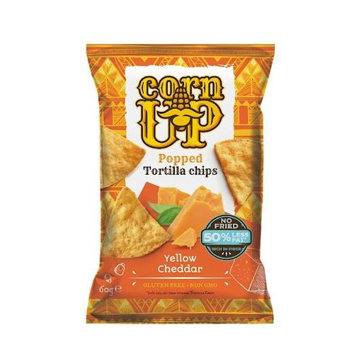Corn Up, teljes kiőrlésű sárga kukorica Tortilla chips, cheddar sajt ízesítéssel, 60g